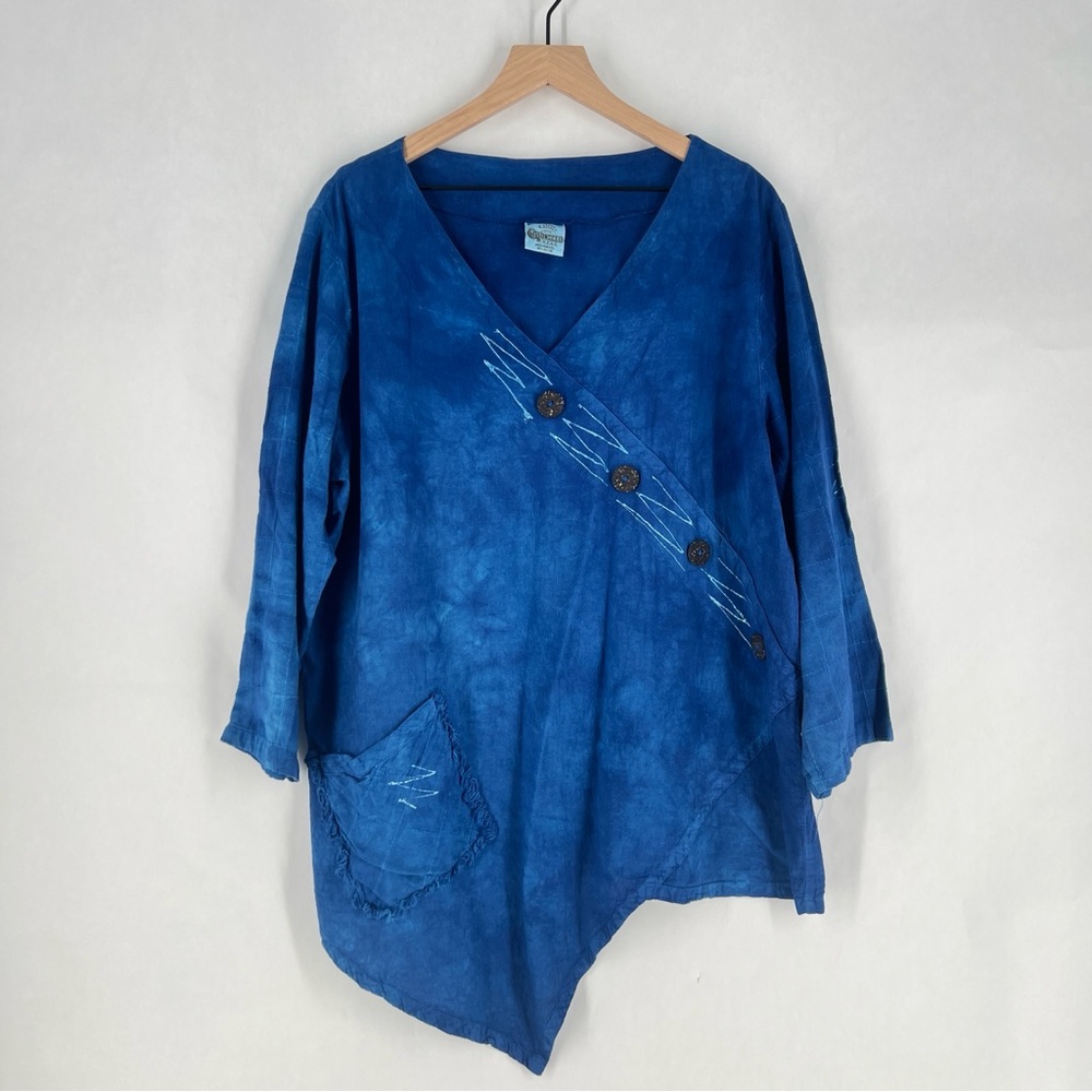 Cottonseed Blue Tie Dye Cotton Lagenlook Asymmetrical Button‎ Detail Tunic Top L